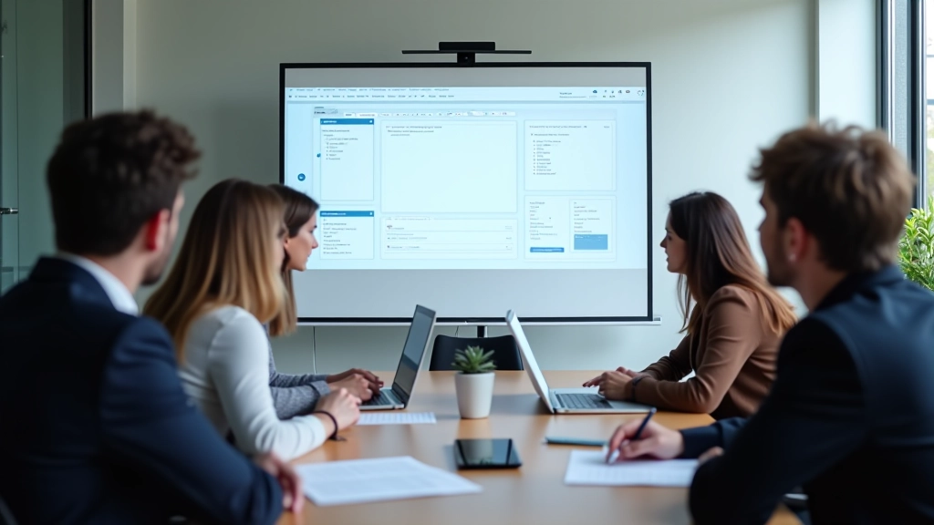 Riunione di revisione design con cliente, wireframe visualizzato su schermo condiviso, team attentamente ascoltando discussione