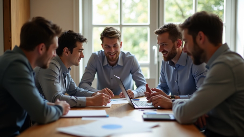 Team di design e sviluppo riuniti intorno a un tavolo, che discute il handoff e il design system su laptop condiviso