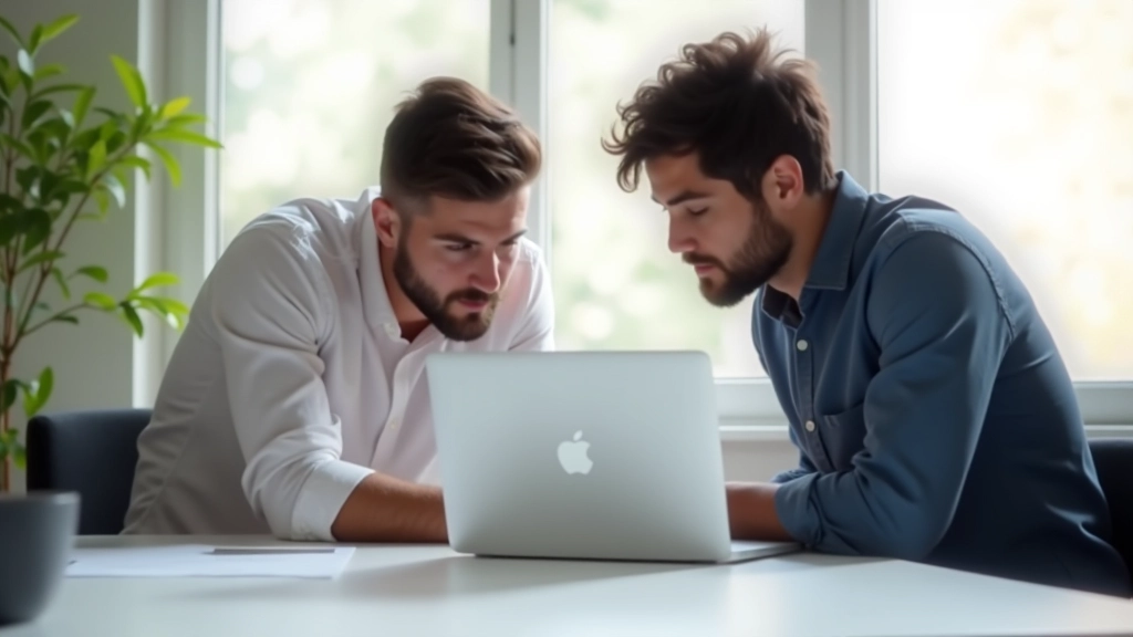 Team design che conversa intorno a tavolo con laptop aperto, wireframe mostrato su schermo, conversazione amichevole e collaborativa