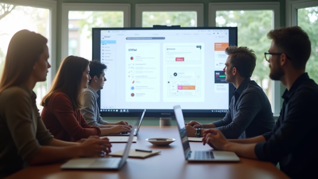 Team di progettazione che esamina un prototipo interattivo su uno schermo, conversazione durante una riunione di revisione