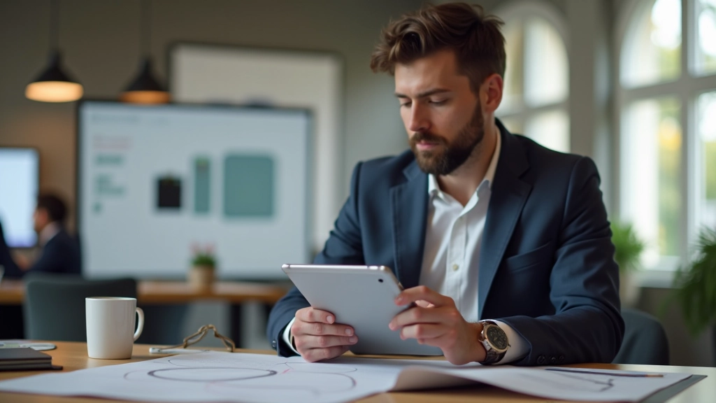 Designer che interagisce con prototipo su tablet, mostrando flusso di navigazione tra schermate