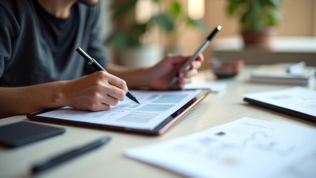 Designer che lavora su wireframe a bassa fedeltà su un tablet, schizzi e appunti sparsi sulla scrivania