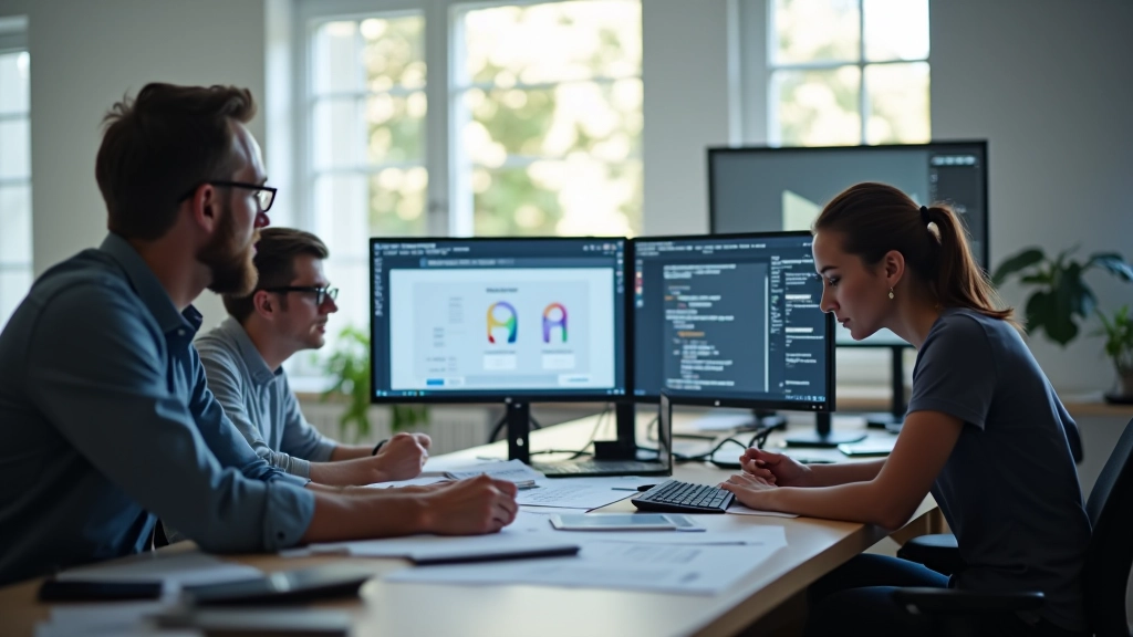 Studio di design moderno con team che lavora su wireframe e prototipi interattivi, schermi multipli con Figma aperto, collaborazione design