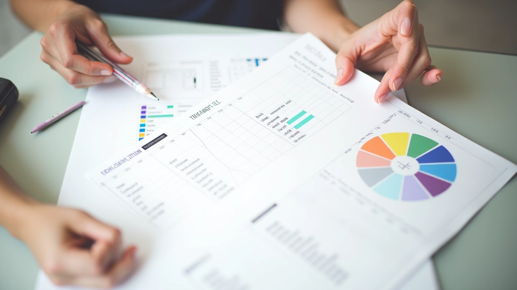 Foglio di specifiche design con palette di colori, scala tipografica e sistema di spacing in una griglia ordinata