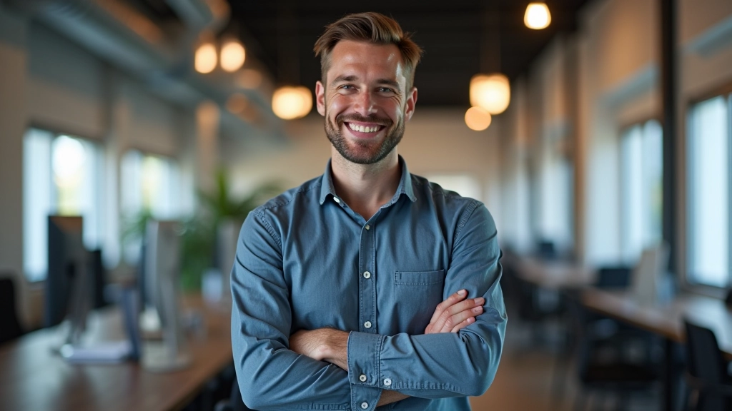 Prototipista senior, uomo di 40 anni, posa confidenza, spazio lavoro moderno, portrait da petto in su