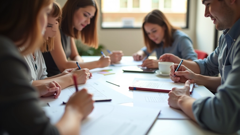 Tre persone sedute intorno a un tavolo, una disegna wireframe su carta, altre due guardano e prendono appunti