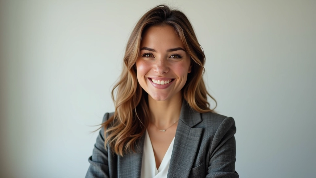 Designer UI senior, donna di 34 anni, posa professionale, studio luminoso, portrait da petto in su